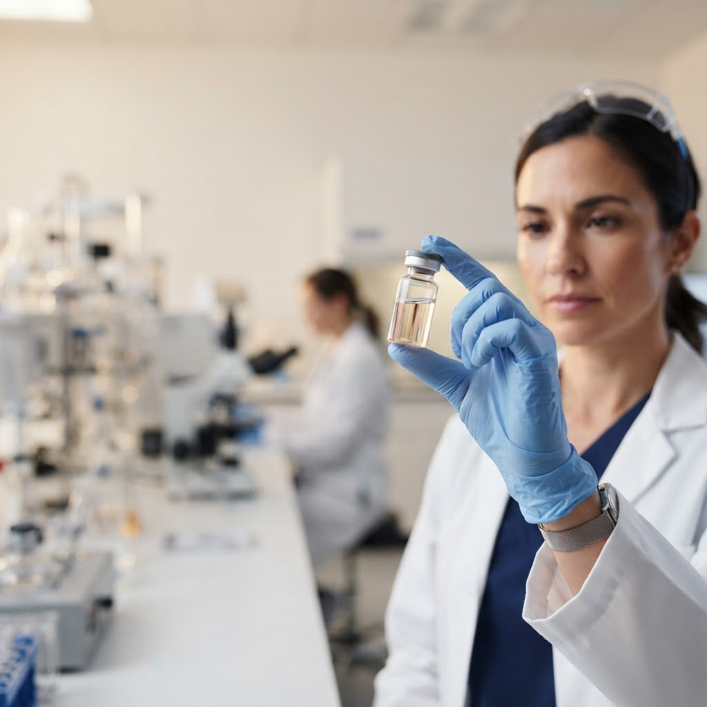 Scientist holding a vial in a modern pharmaceutical laboratory